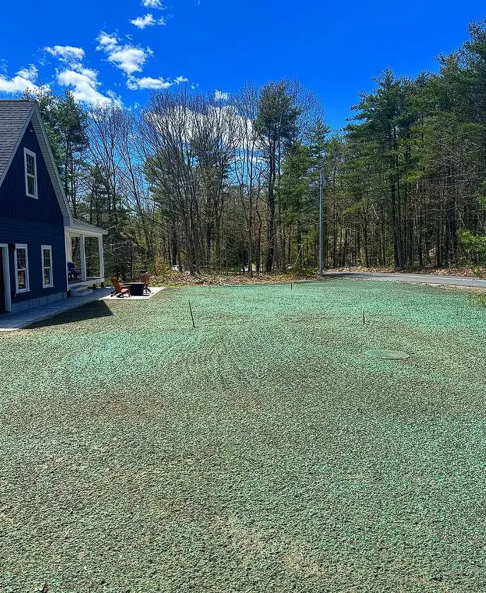 Hydroseeded lawn at a dark-blue farmhouse on a wooded Maine lot