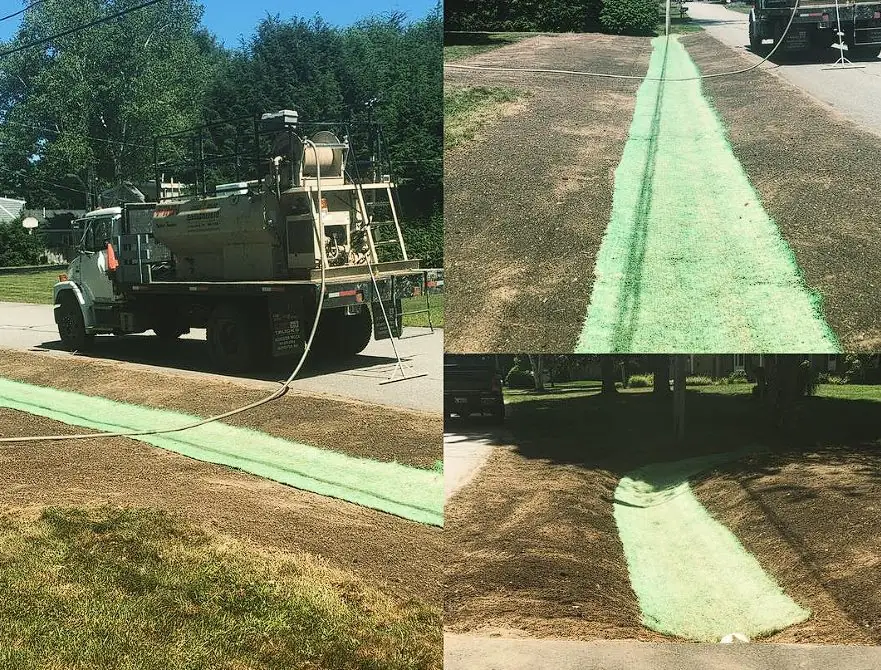 Billy Goat Landscaping hydroseeding truck applying green mulch slurry to a lawn